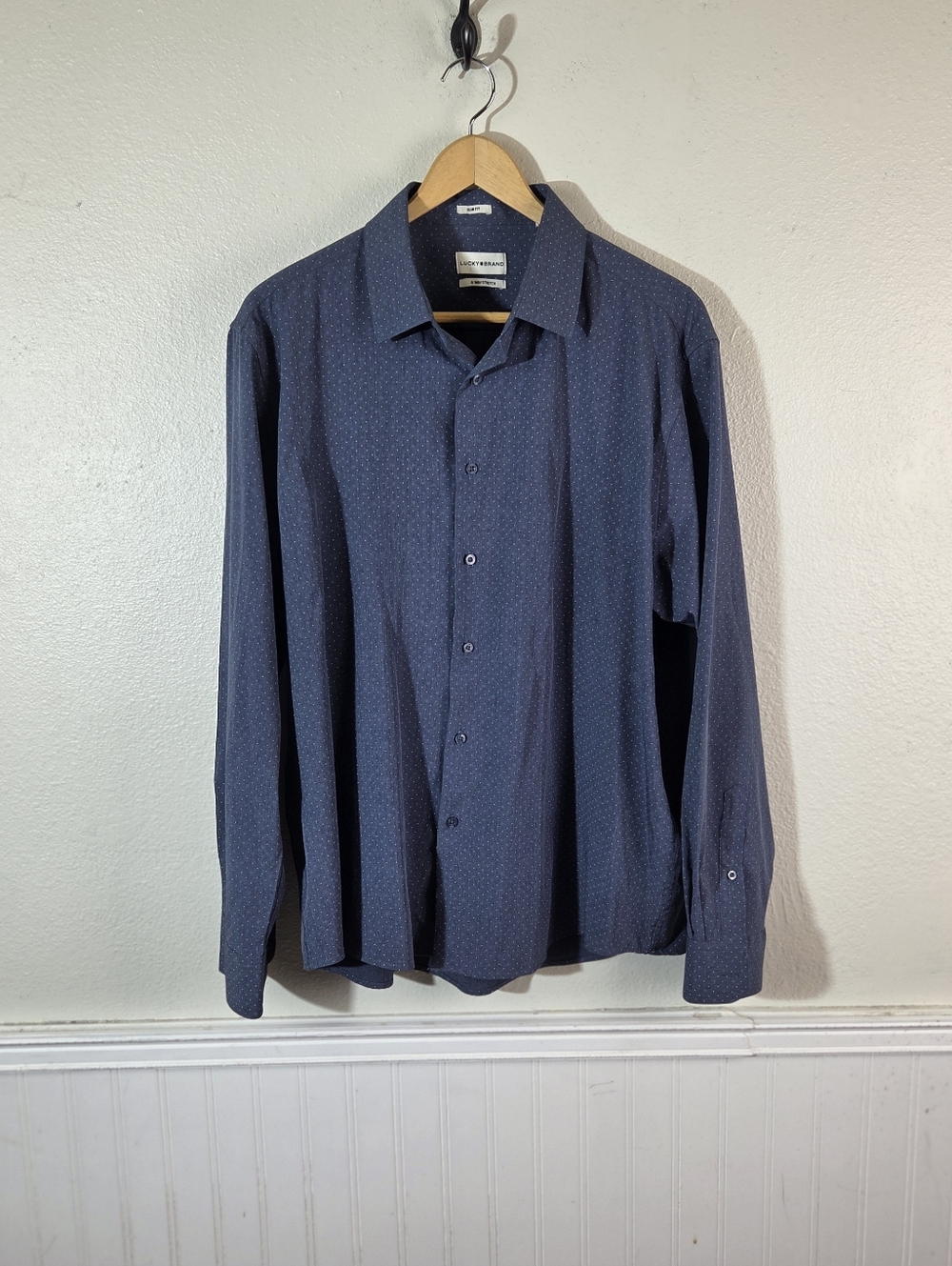 Lucky Brand Mens XL Slim Fit Shirt Blue Geo Print 4 Way Stretch Button Up Casual